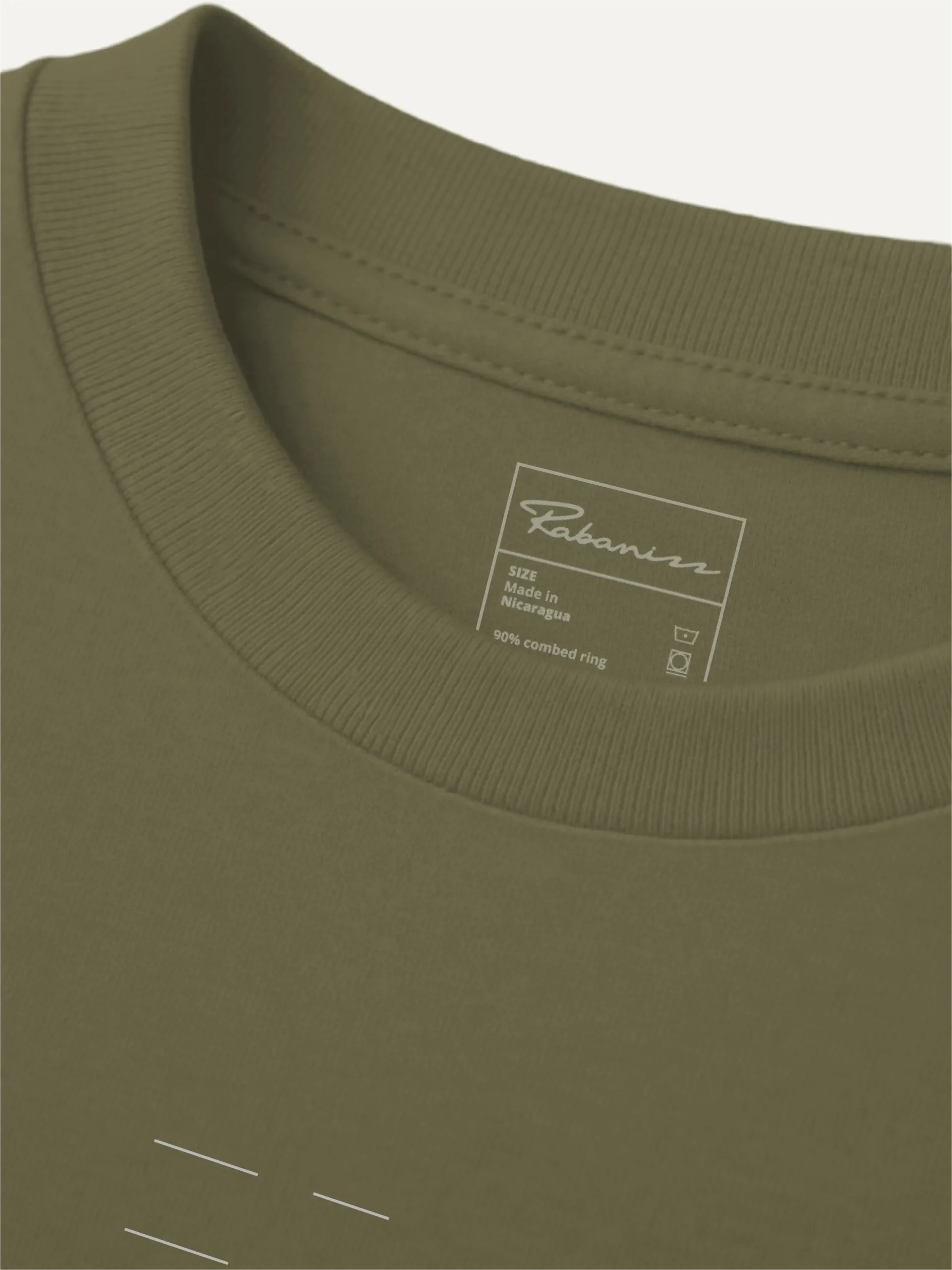 collar and RABANIZZ label on Khaki organic T-shirt