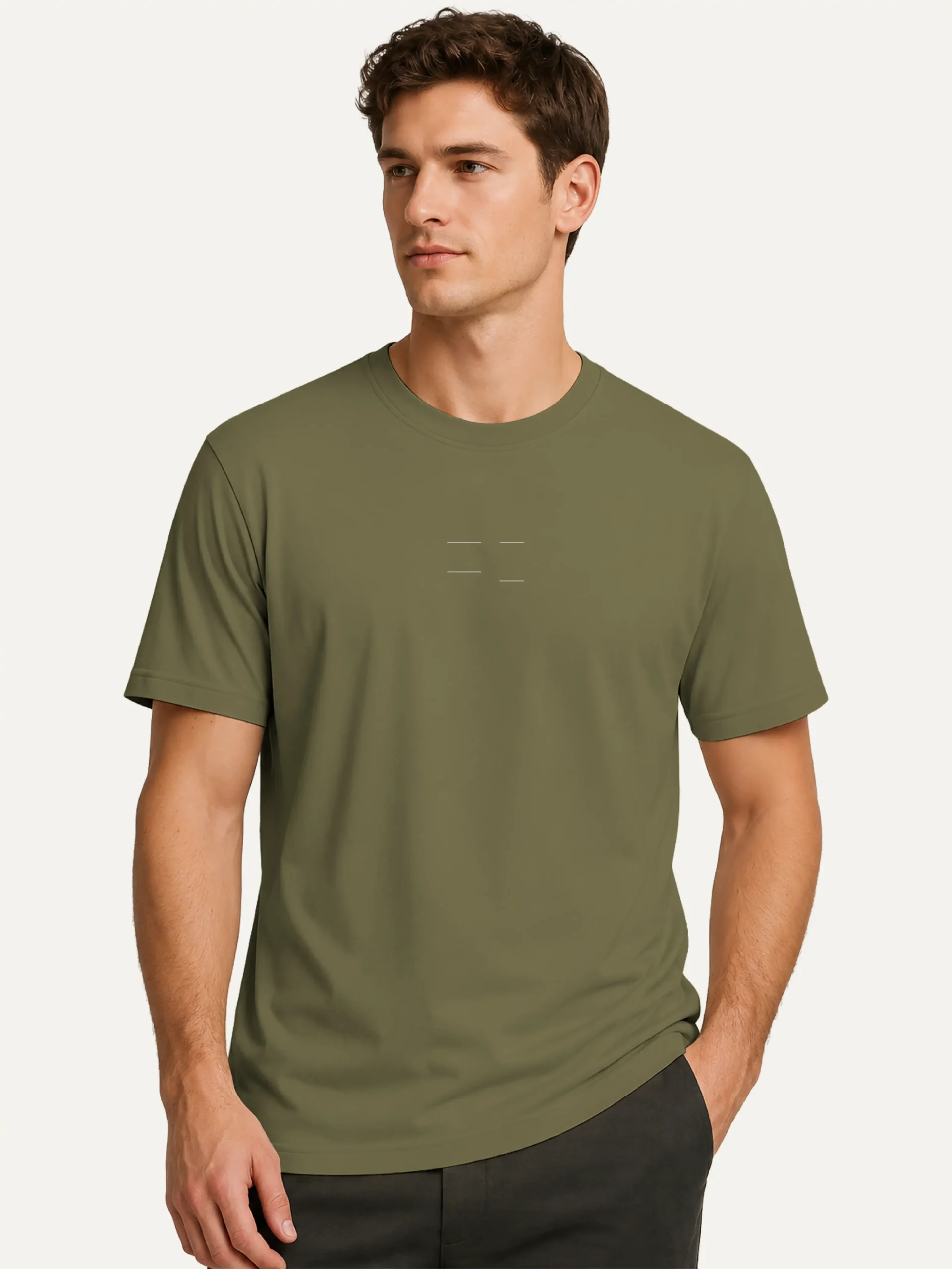 Model wearing Khaki Seasonal Drift organic cotton T-shirt