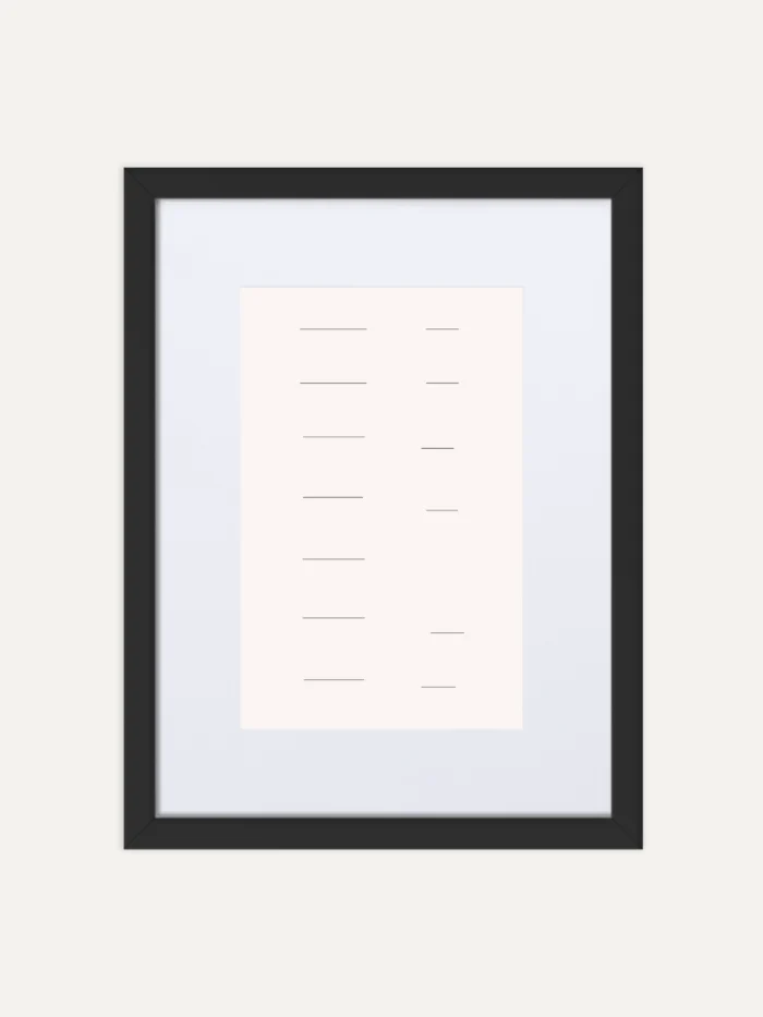 Seasonal Drift — Study 02 — Framed Art Print, front view with seven paired Charcoal linear relationships.