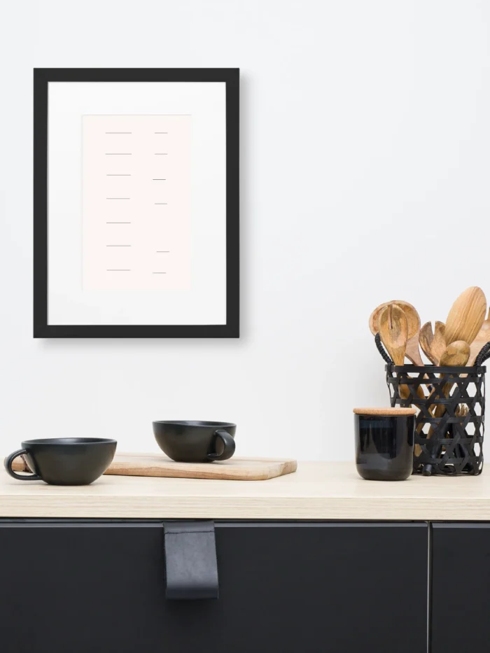 Seasonal Drift — Study 02 — Framed Art Print displayed above a minimal kitchen counter with dark tableware.