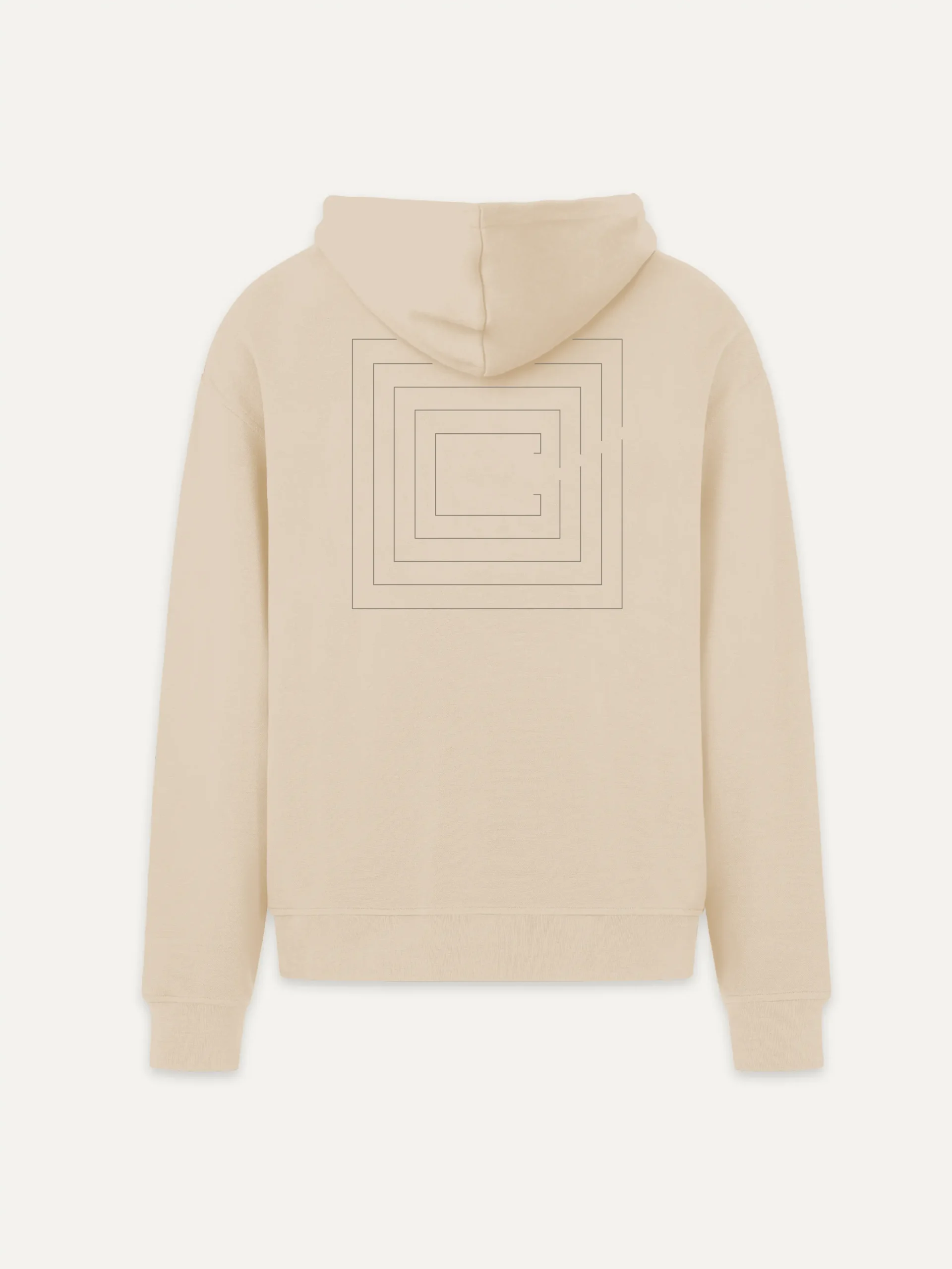 Desert Dust Second Look hoodie with nested contour artwork partly beneath hood