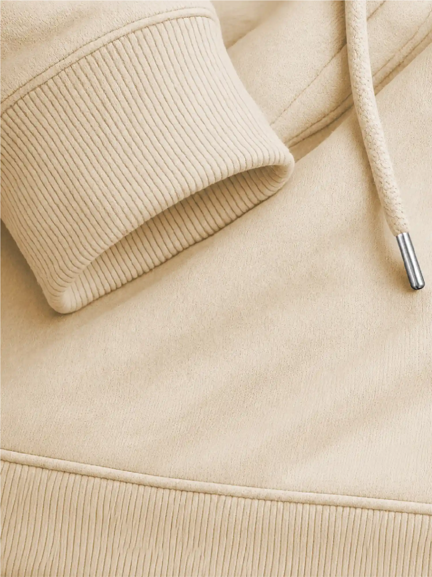 Desert Dust hoodie ribbed cuff, hem and matching drawcord with metal tip