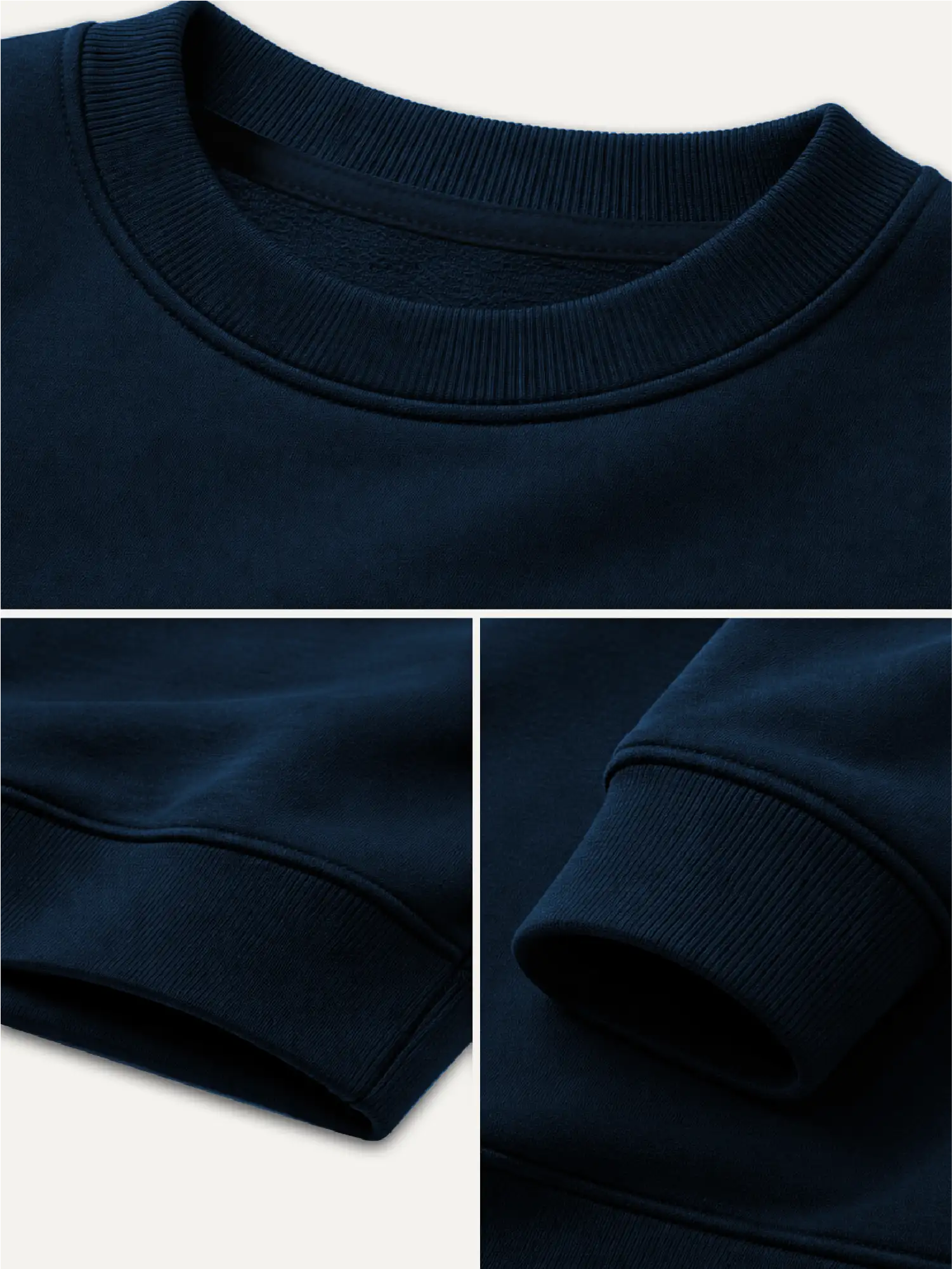 French Navy sweatshirt details showing ribbed crew neck, hem and cuff