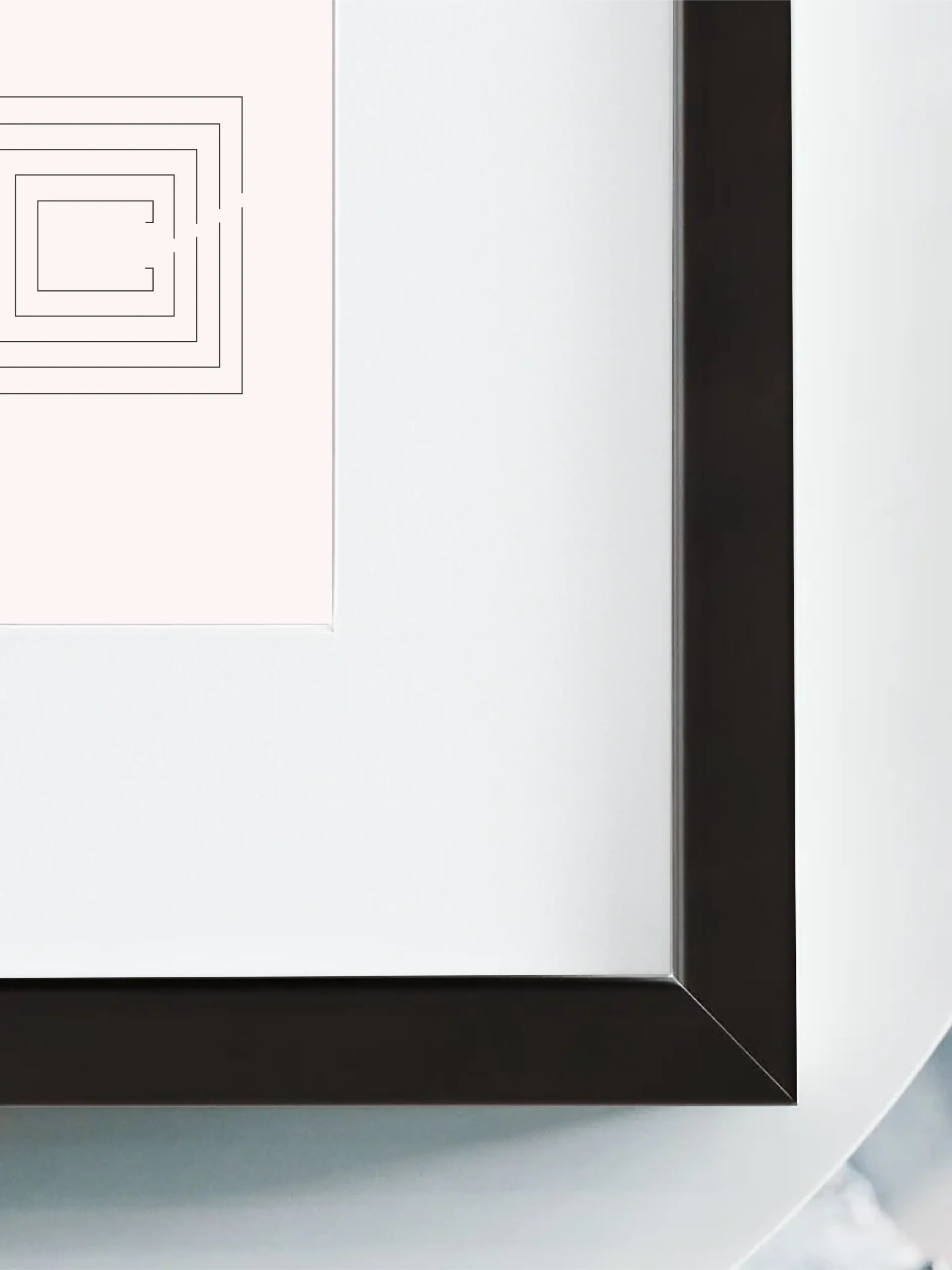 Second Look artwork close-up showing black wood frame and white mat board
