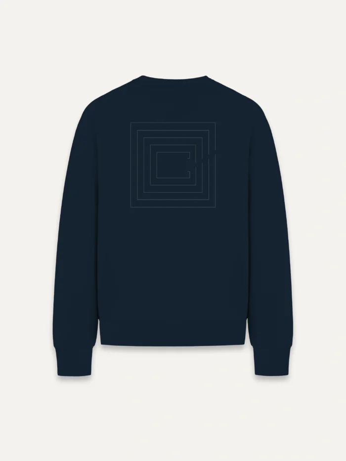French Navy Second Look sweatshirt with nested geometric contours across upper back