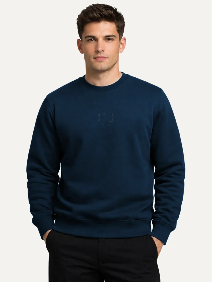 Model wearing French Navy Second Look sweatshirt with minimal centre-chest print