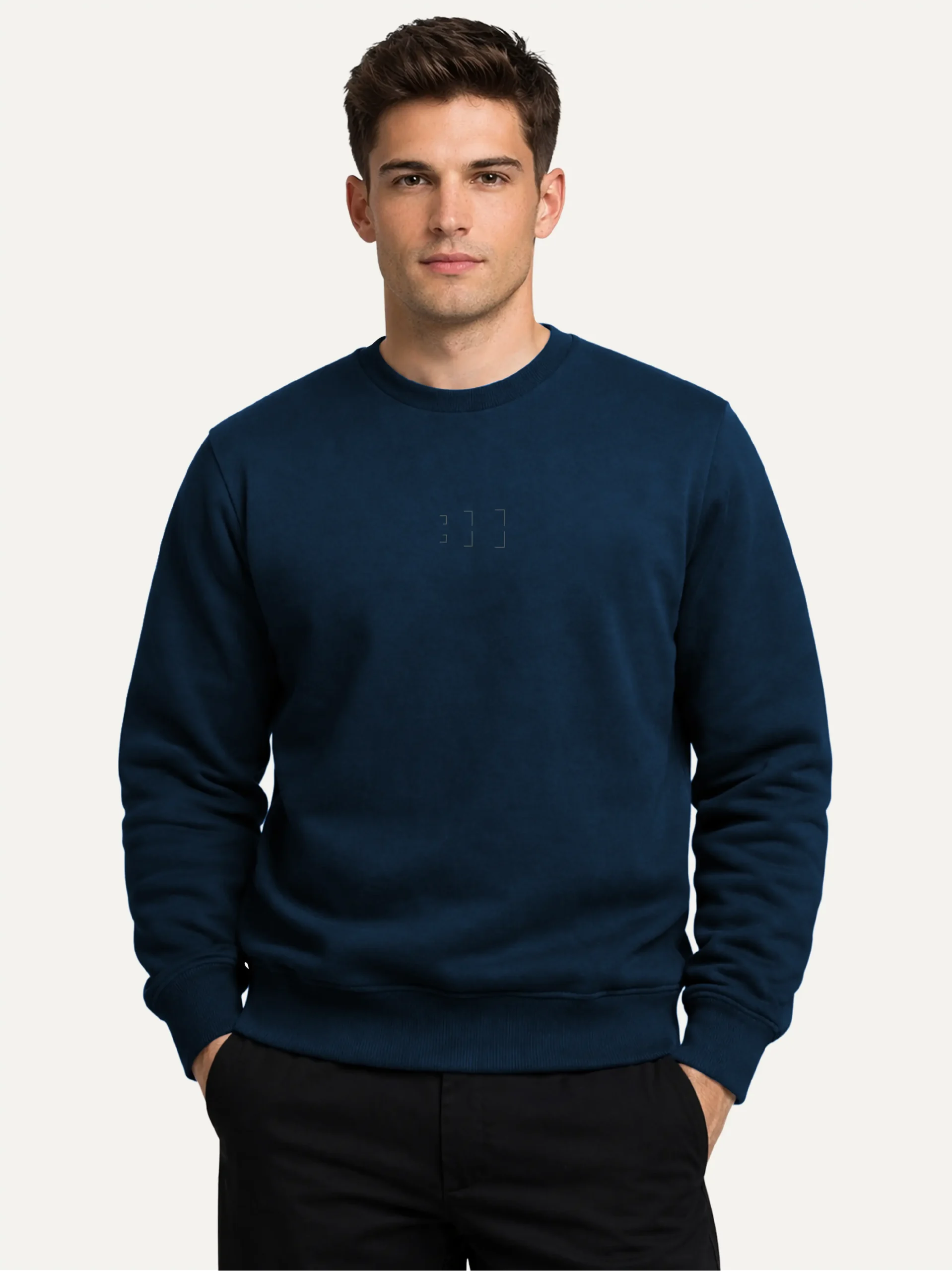 Model wearing French Navy Second Look sweatshirt with minimal centre-chest print