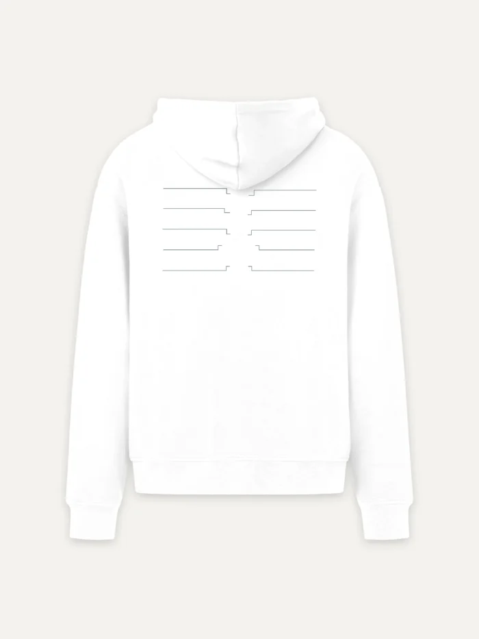 Shared Count white organic hoodie back line artwork