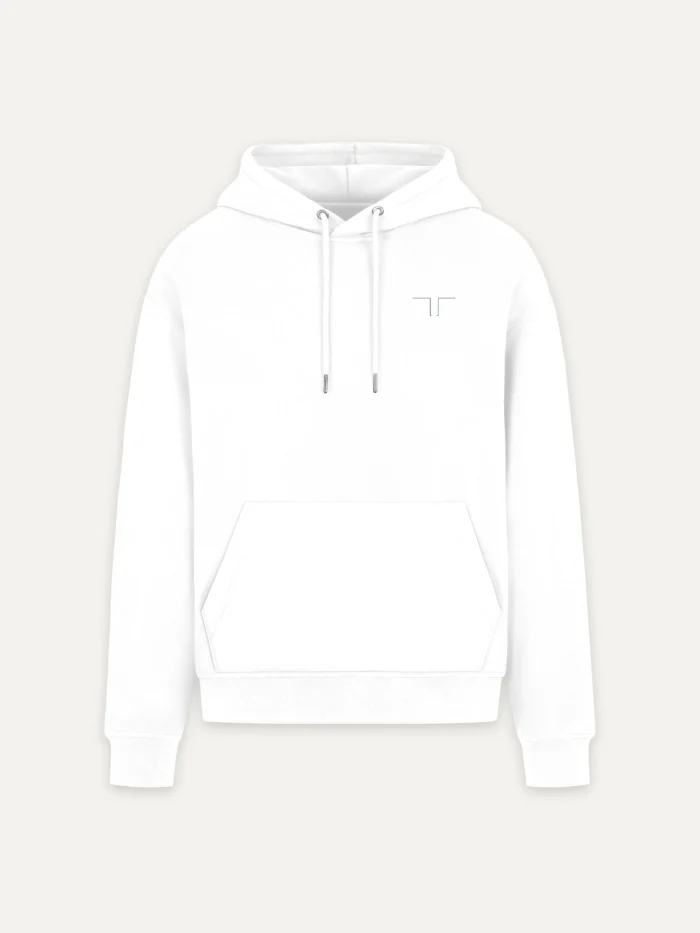 Shared Count white organic hoodie with paired chest signal