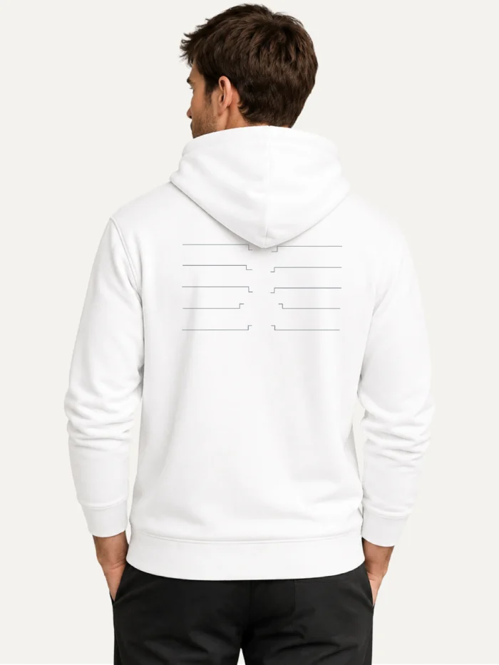 Model wearing Shared Count white organic hoodie from back
