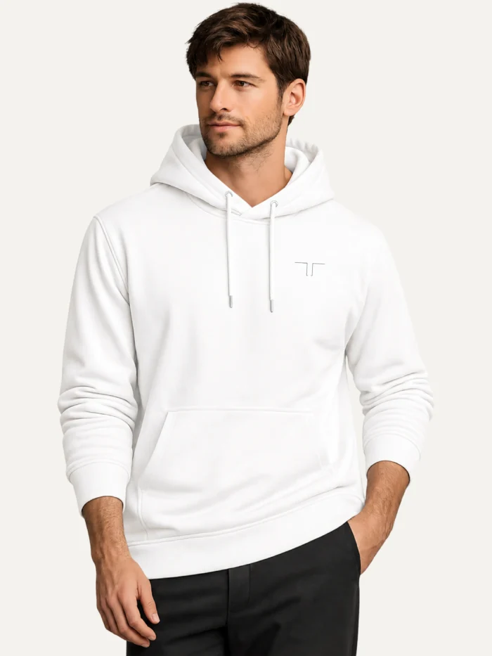 Model wearing Shared Count white organic cotton hoodie