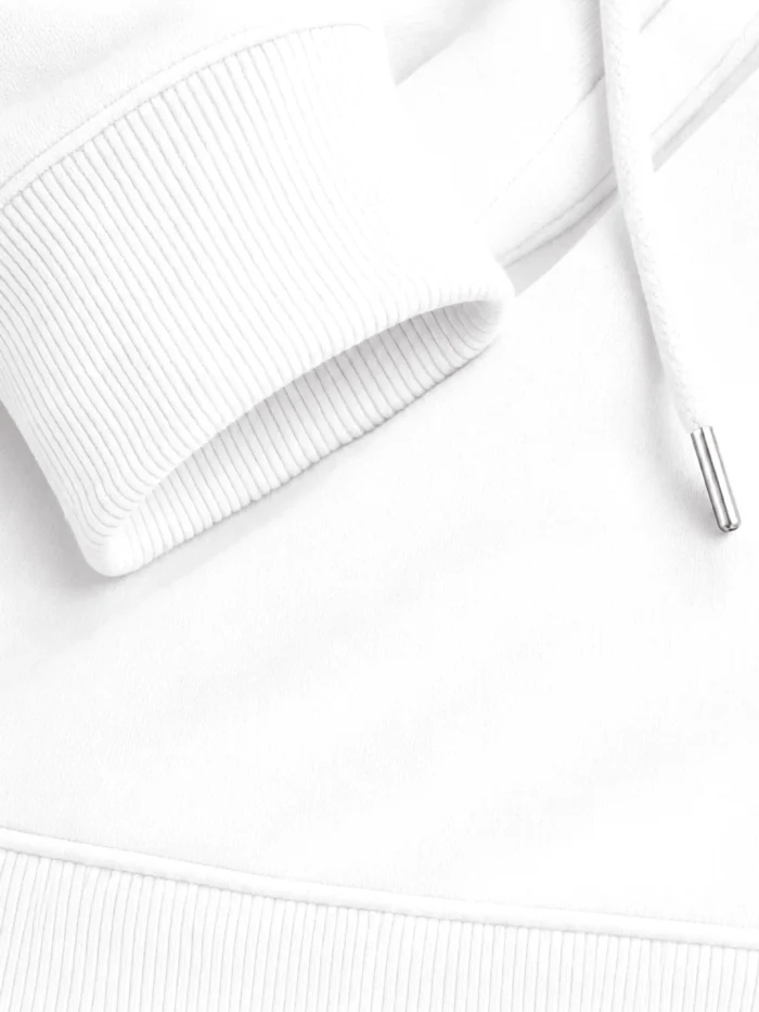 White organic hoodie rib cuff drawcord and brushed fabric detail