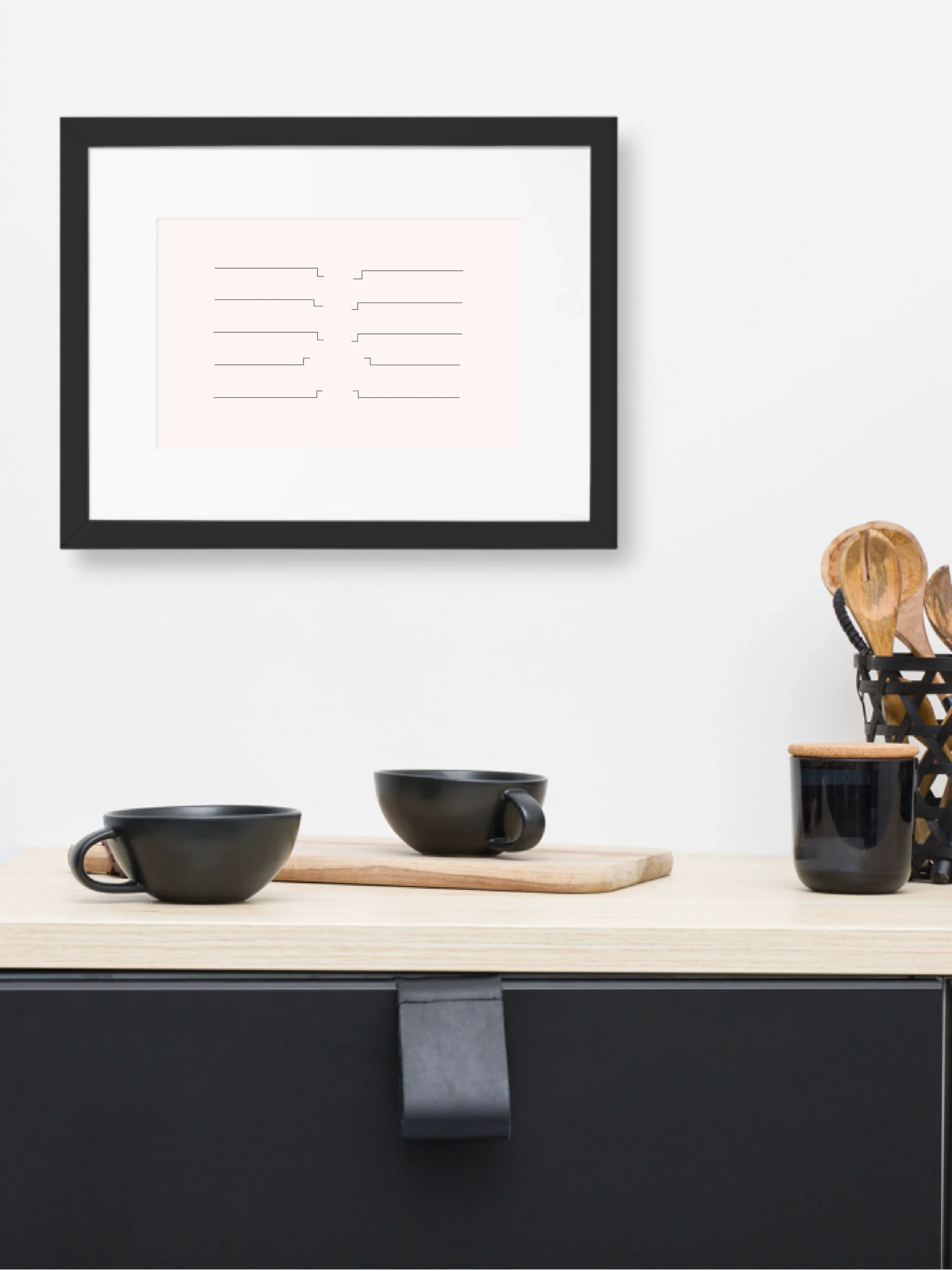 Shared Count framed art displayed in minimal modern kitchen interior