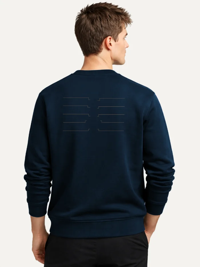 Model wearing Shared Count French Navy sweatshirt from back