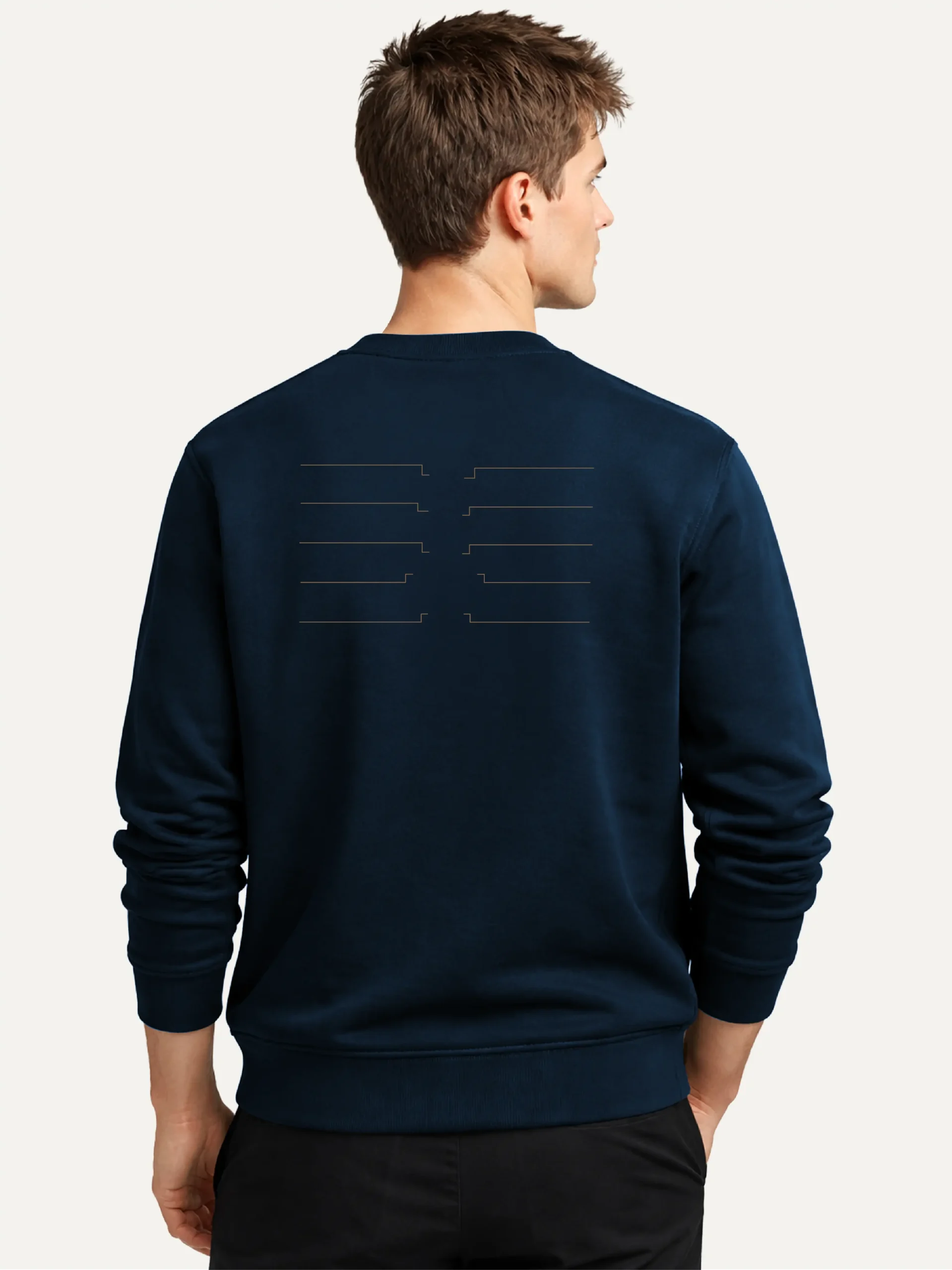 Model wearing Shared Count French Navy sweatshirt from back