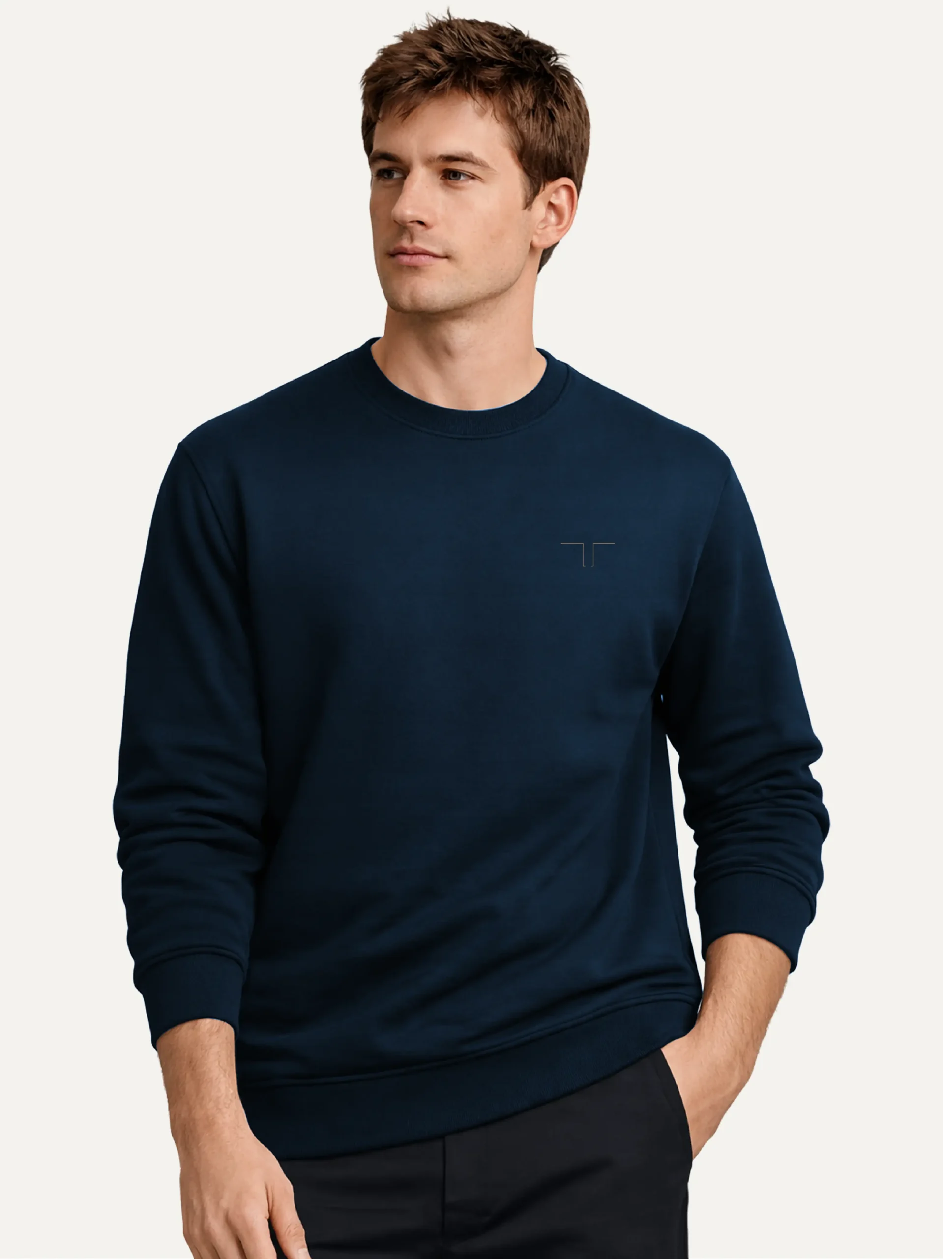 Model wearing Shared Count French Navy organic sweatshirt