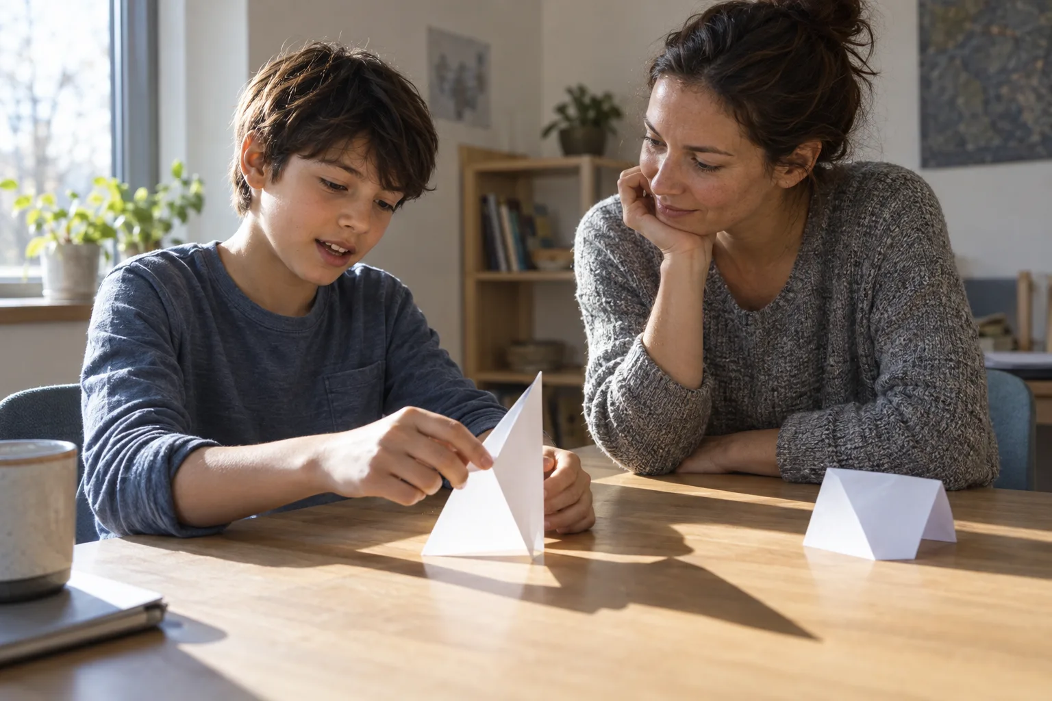 Child and educator exploring the shadow of folded paper at a sunlit table.