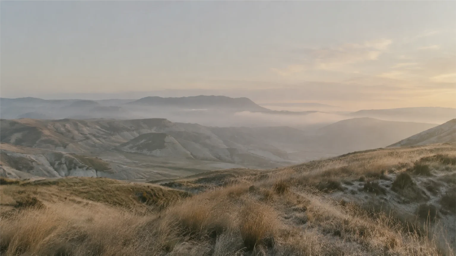 Panoramic dawn landscape of windswept dry grass and pale, eroded hills receding into soft mist beneath a muted grey sky.