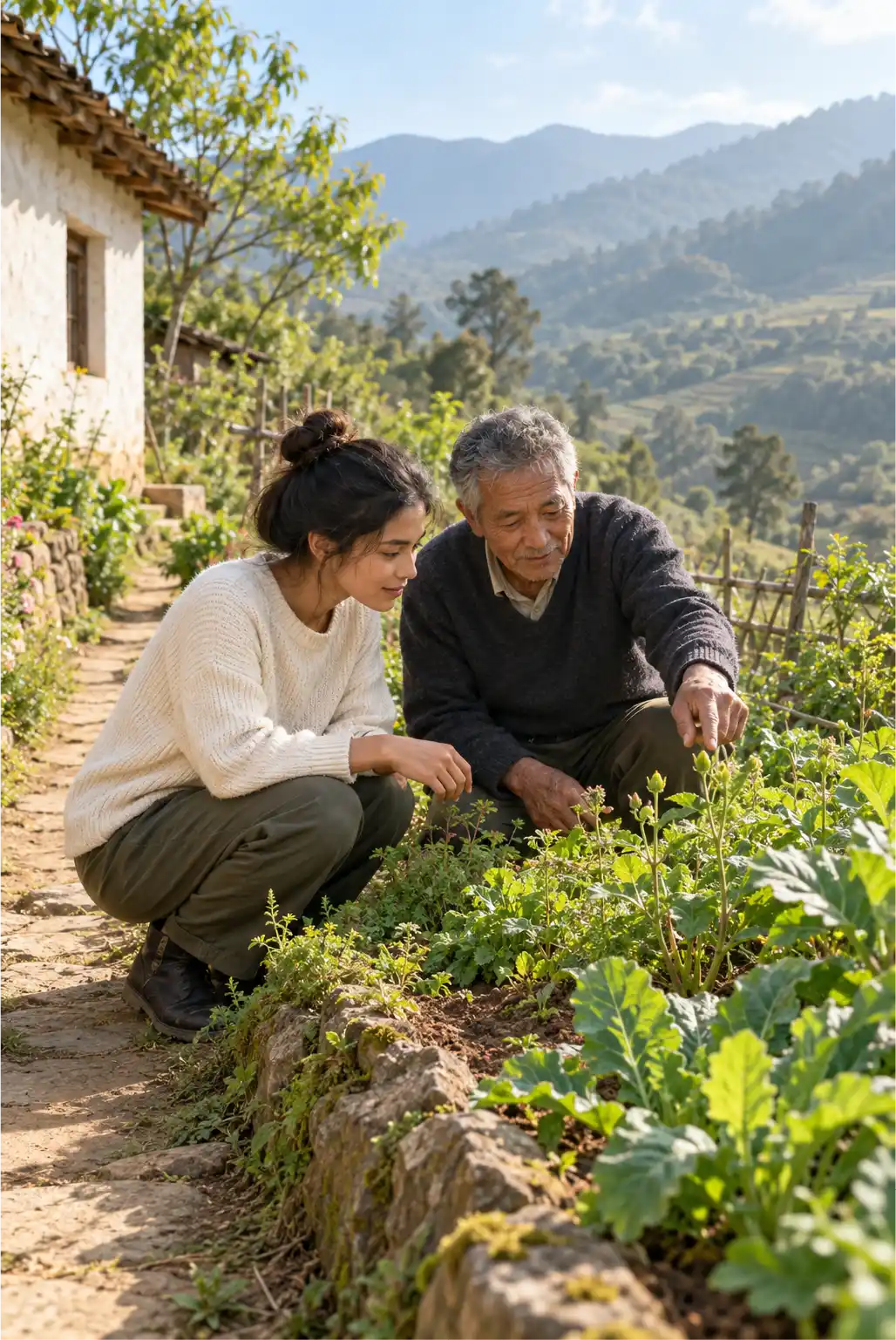 Two adults of different generations examine emerging plant buds in a hillside garden beside a lime-plastered home.