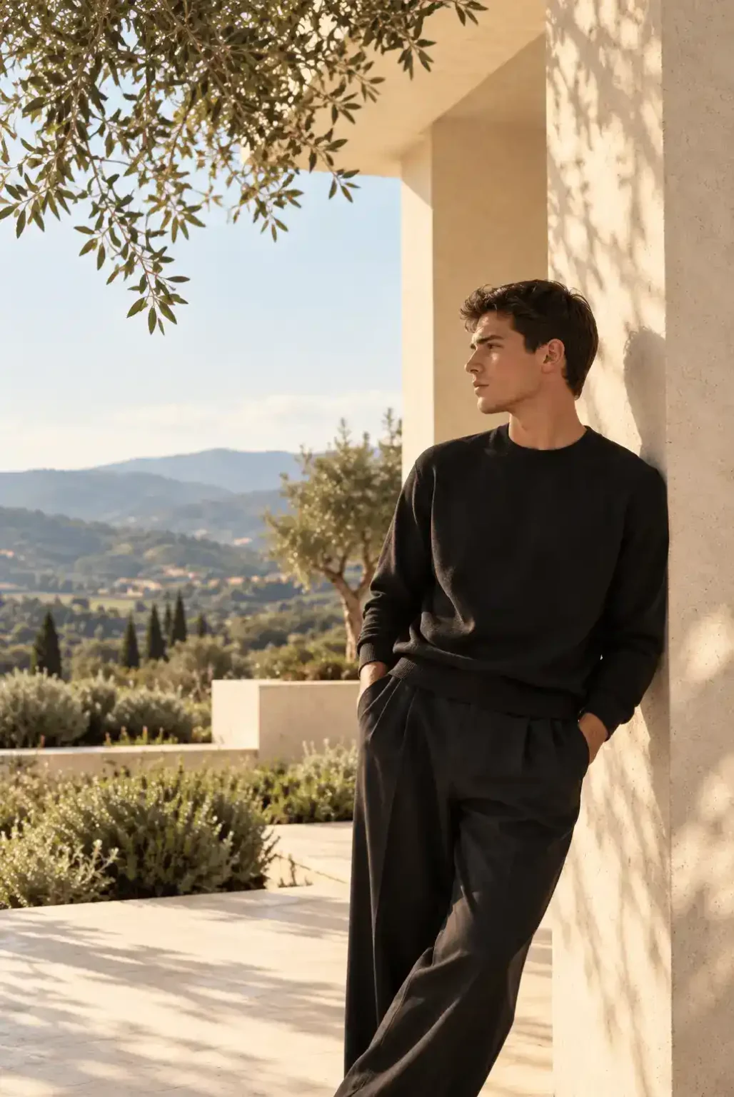 Man wearing a black crewneck sweatshirt leaning against a sunlit stone wall, with olive trees and rolling hills in the background.