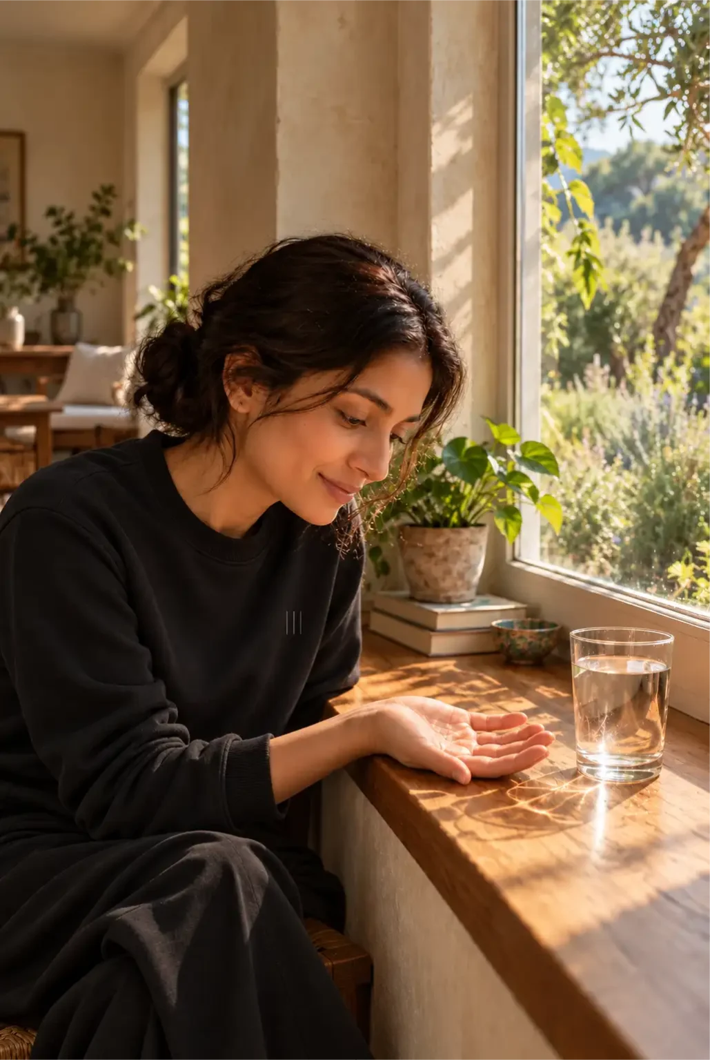 Woman in a black sweatshirt seated beside a sunlit window, observing light reflected through a glass of water onto her open palm.