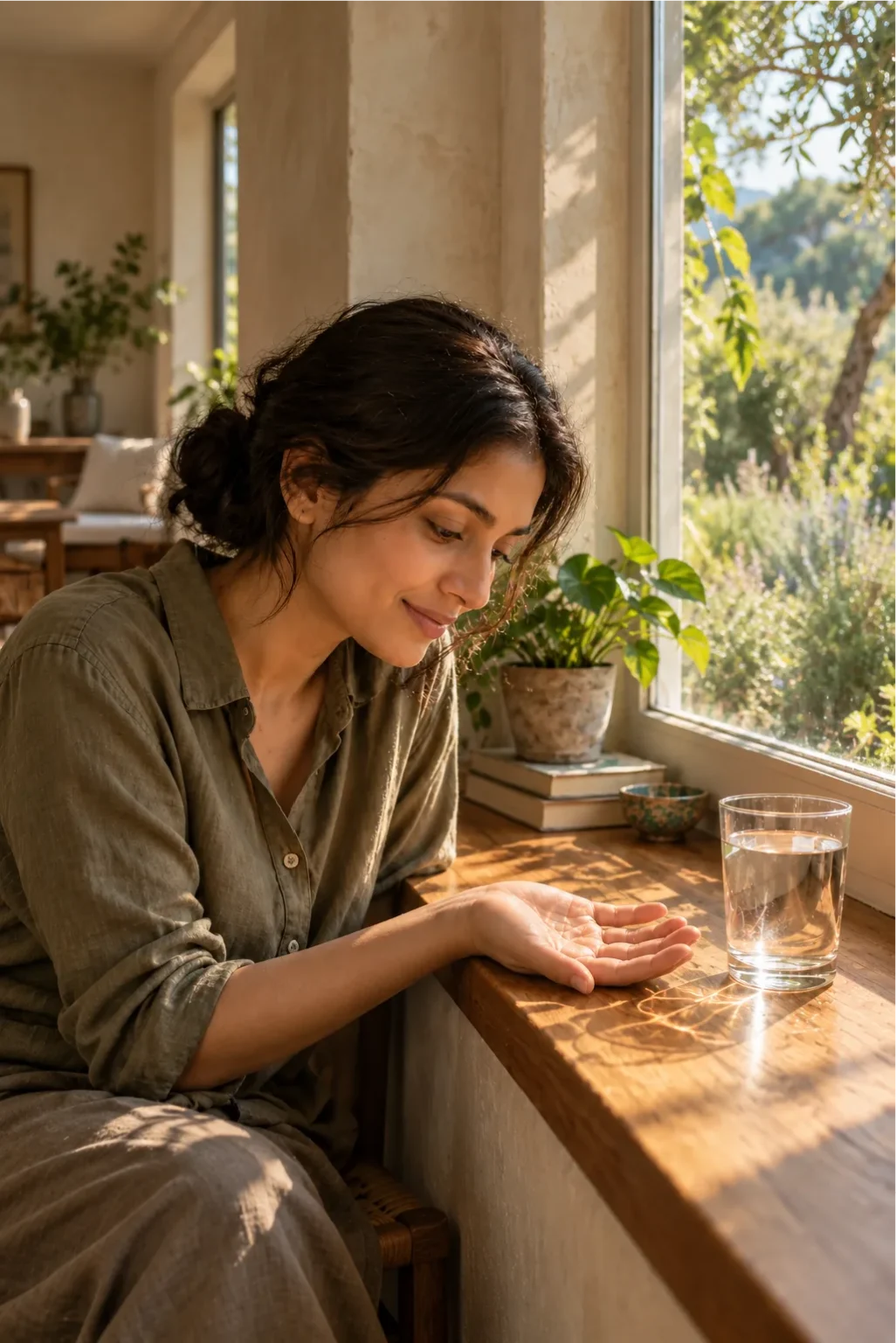 young Woman observing sunlight passing through a glass of water onto a wooden windowsill.