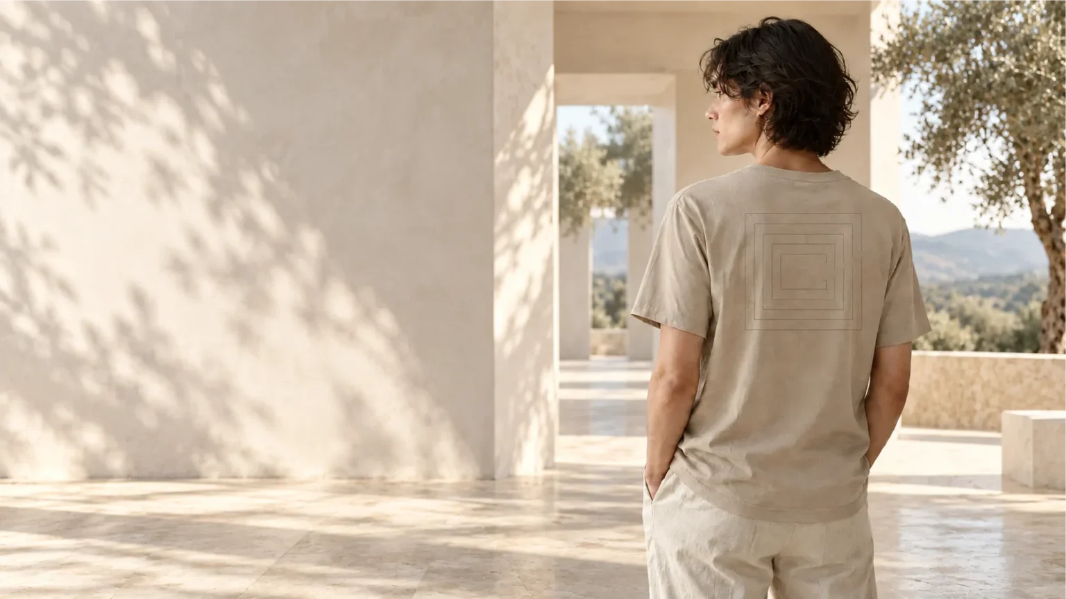 Model wearing a beige T-shirt with fine geometric back artwork in a sunlit stone courtyard with leafy shadows and distant hills.
