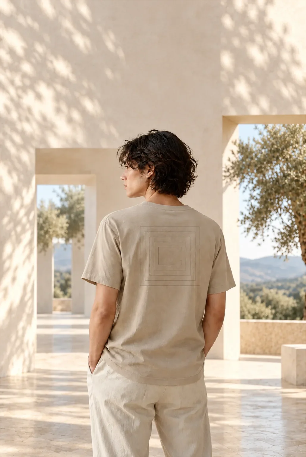 Model wearing a beige T-shirt with fine geometric back artwork in a sunlit stone courtyard with leafy shadows and distant hills.