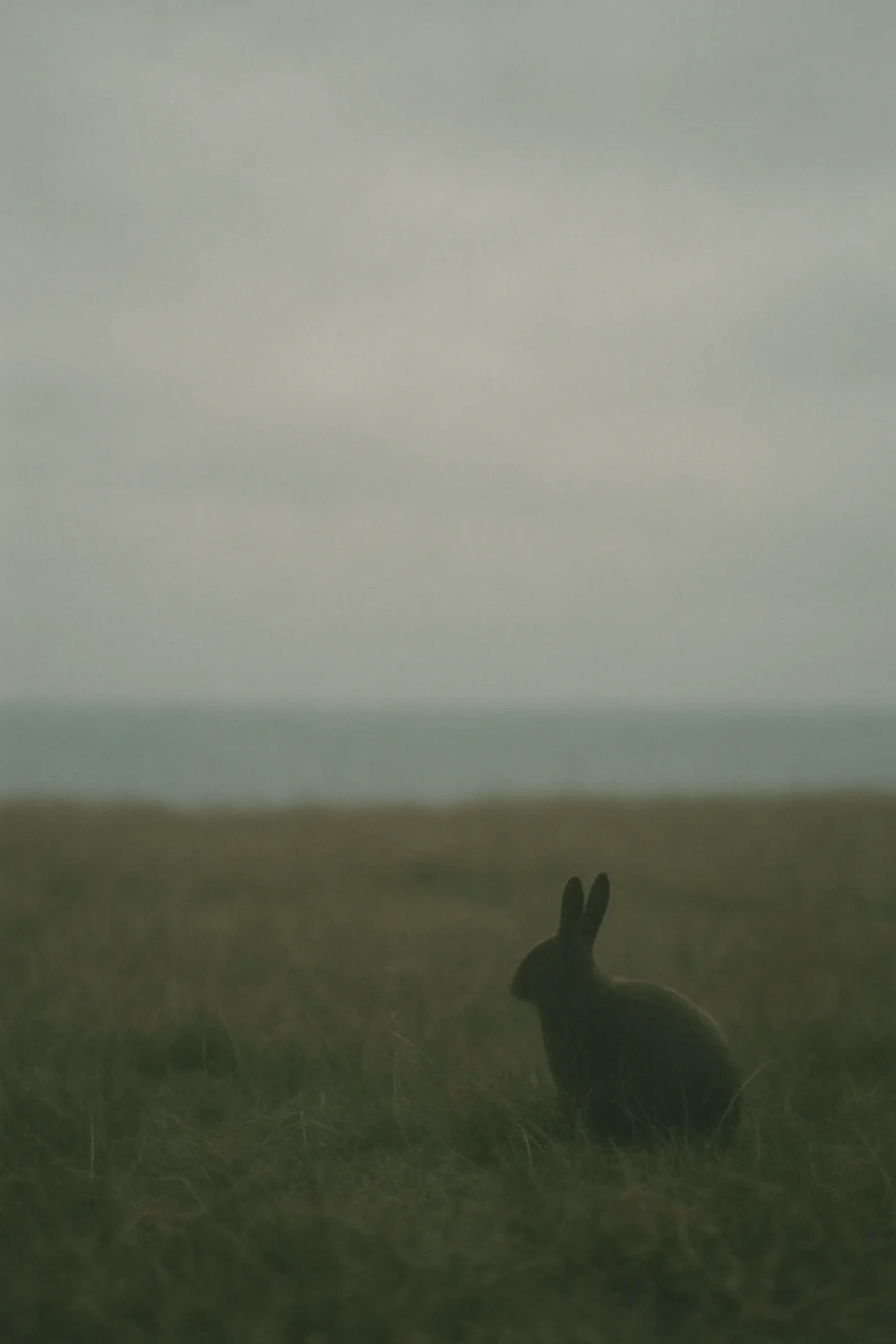 Rabbit sitting in grass in a misty landscape