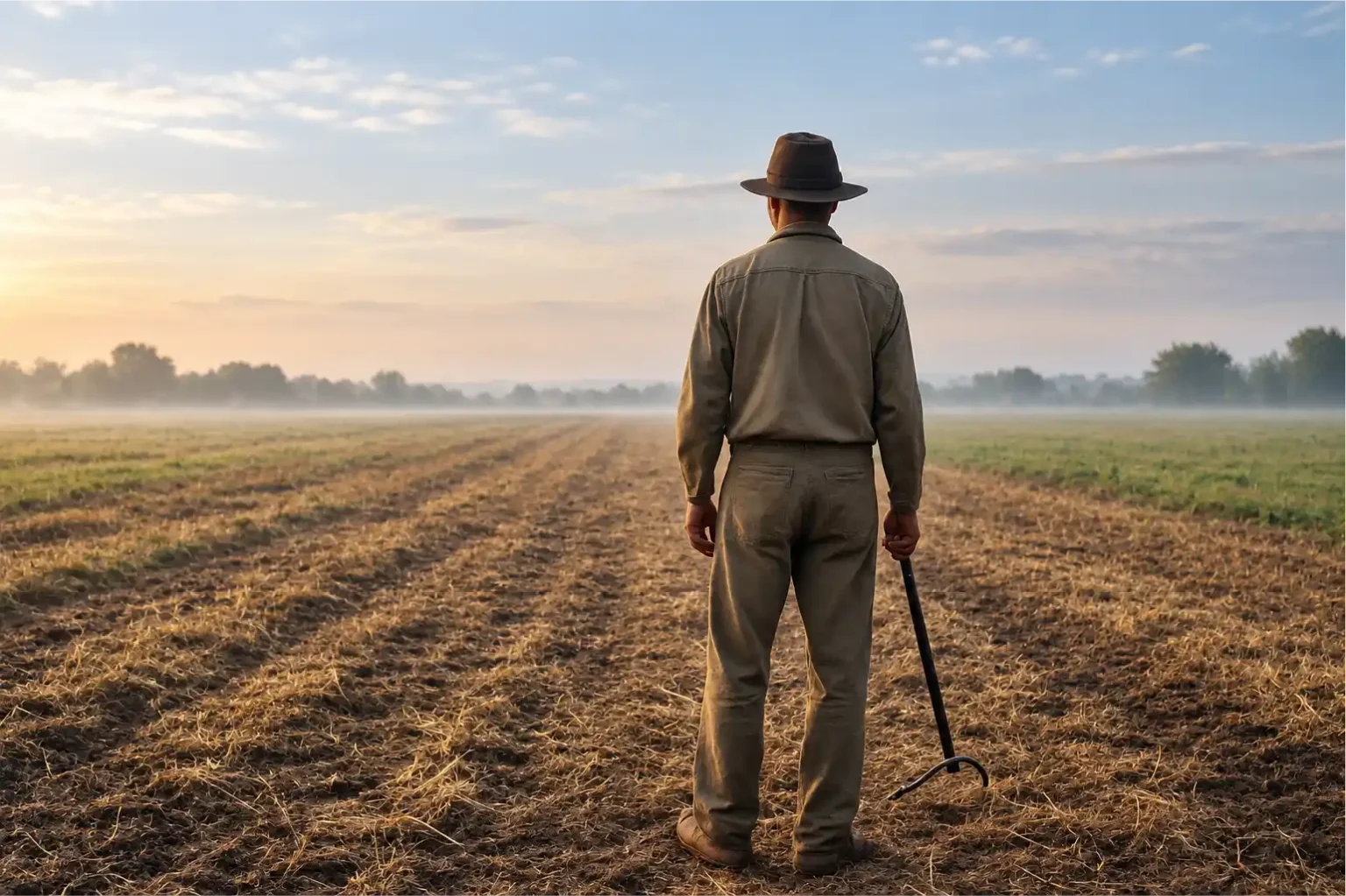 Man wearing a brimmed hat holding a farming tool, viewed from behind across a harvested field in soft morning light.