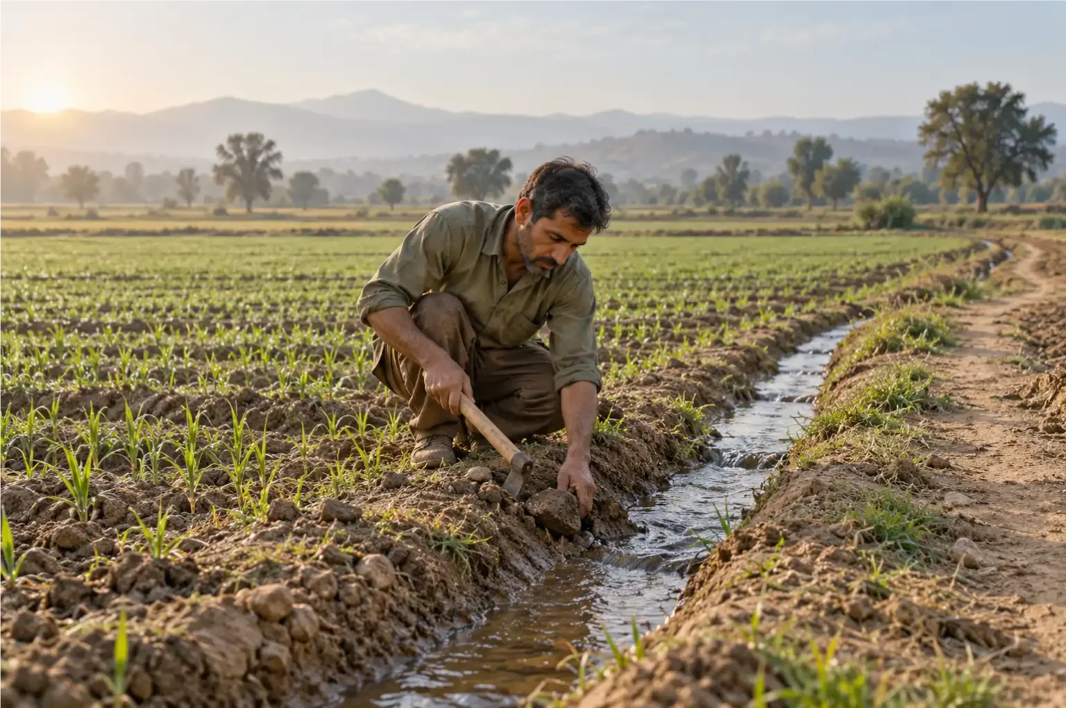 Man crouching beside an irrigation channel, clearing soil with a hand tool next to rows of young crops.