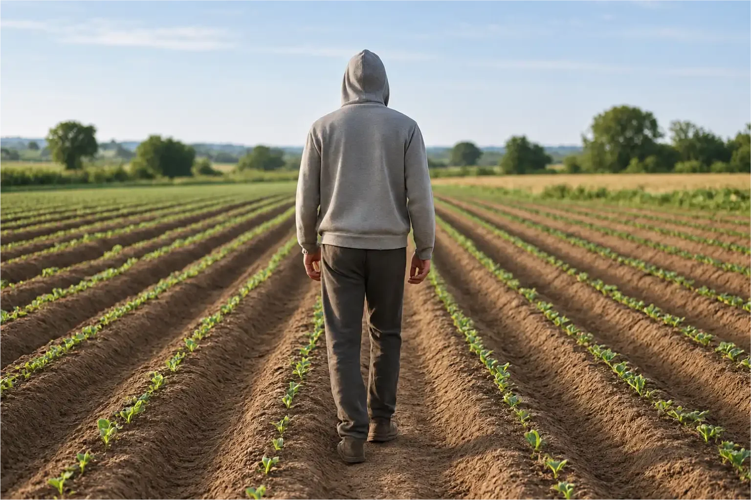 Person wearing a grey hooded sweatshirt, viewed from behind among rows of young crops.