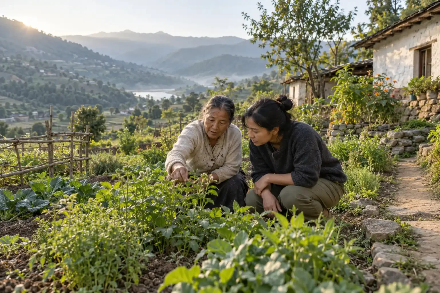 Older and younger adults examining plants together in a hillside garden beside a rural home.