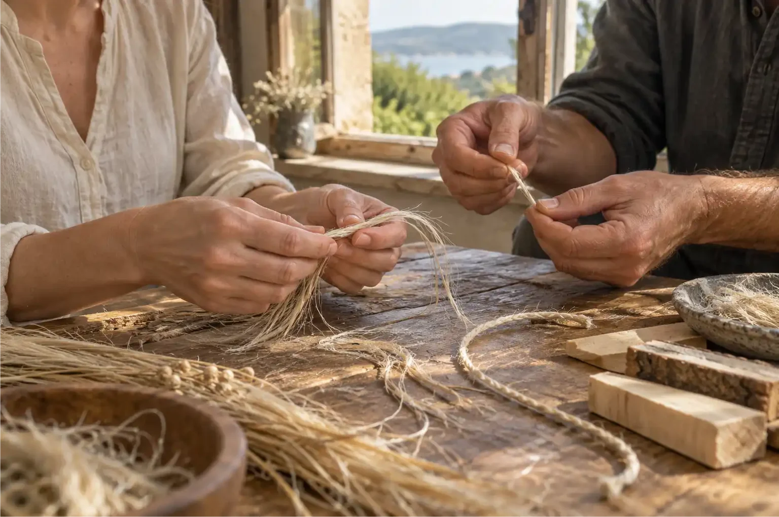Close-up of two people handling pale plant fibres at a wooden table beside an open window.