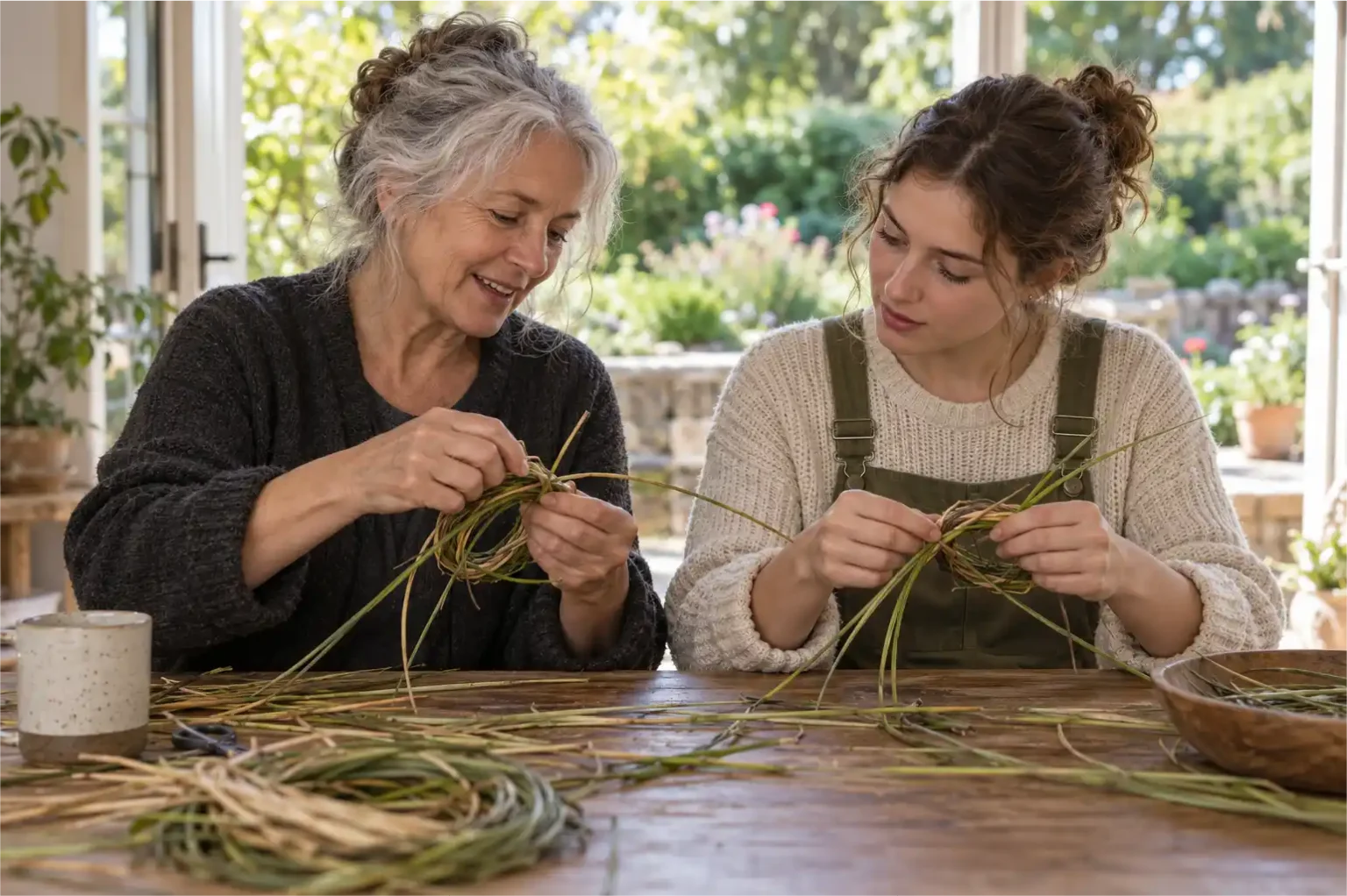 Older adult demonstrating how to weave plant strands while a younger adult practises beside them at a wooden table.