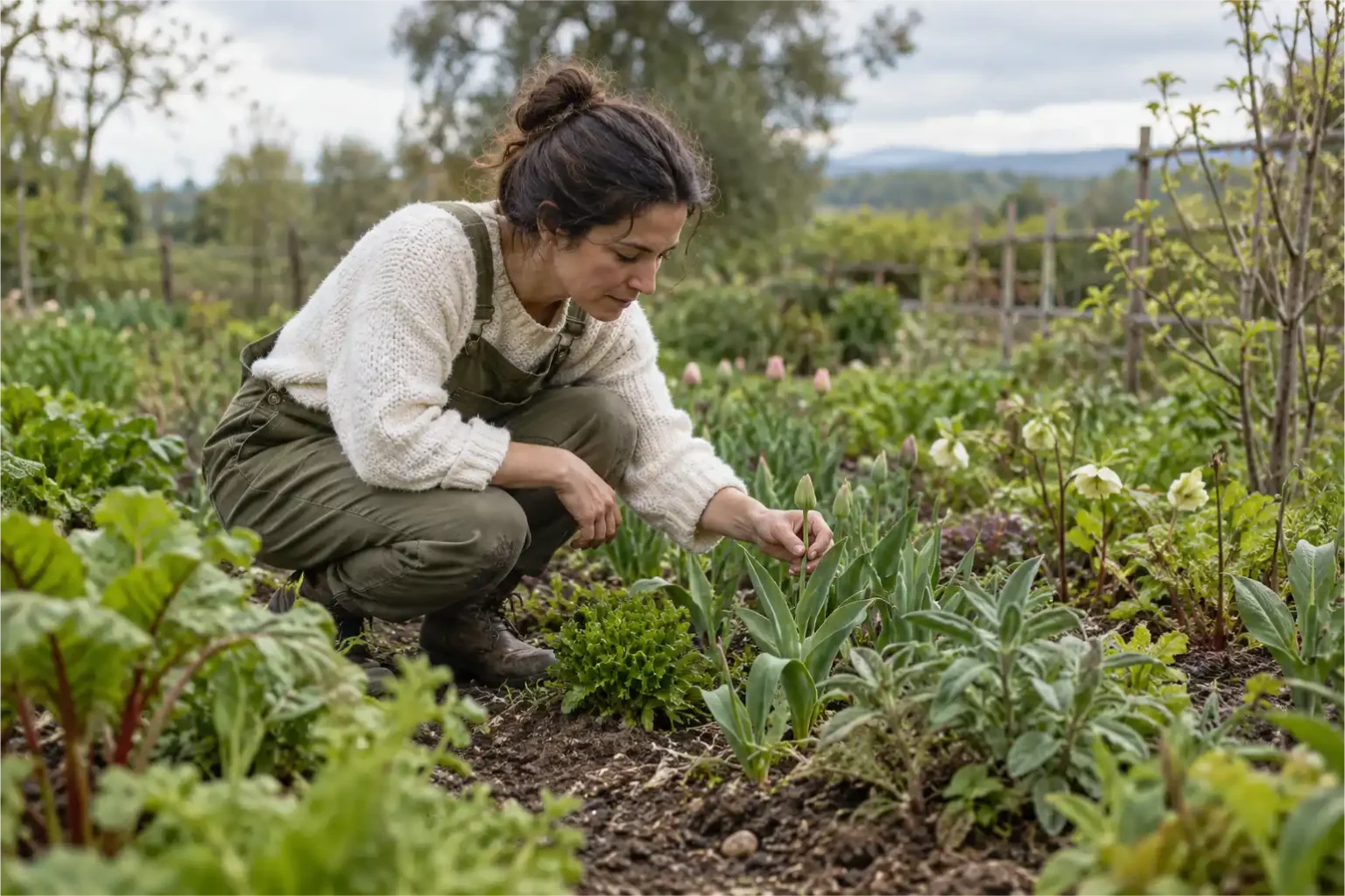 Person crouching in a garden, gently examining a flower bud among growing plants.